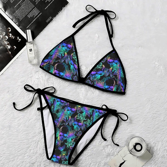 Skull Neon Pattern Micro Triangle Bikini Swimsuit HG