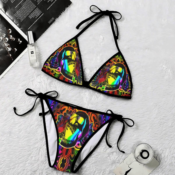 Neon Tiedye Mandala Skull Micro Triangle Bikini Swimsuit HG