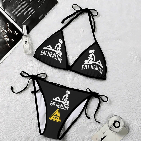 Funny Skull Sign Eat Healthy Micro Triangle Bikini Swimsuit HG