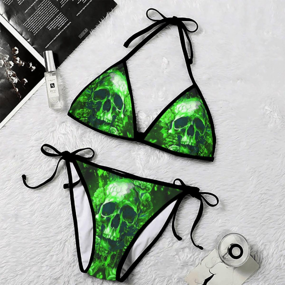 Green Shadow Skull Gothic Micro String Triangle Bikini Summer Vacation HG Swimsuit
