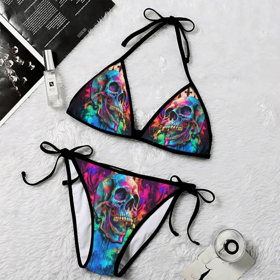 Radiant TieDye Skull Gothic Micro Triangle Bikini Swimsuit HG