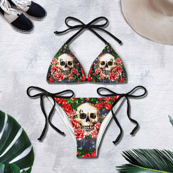 Red Rose Skull Gothic Micro Triangle Bikini Swimsuit HG