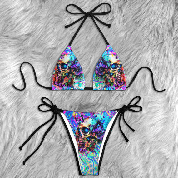 Holographic Skull Flower Micro Triangle Bikini Swimsuit HG