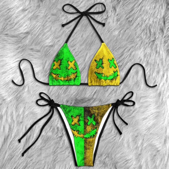 Green Yellow Crazy Face Micro Triangle Bikini Swimsuit HG