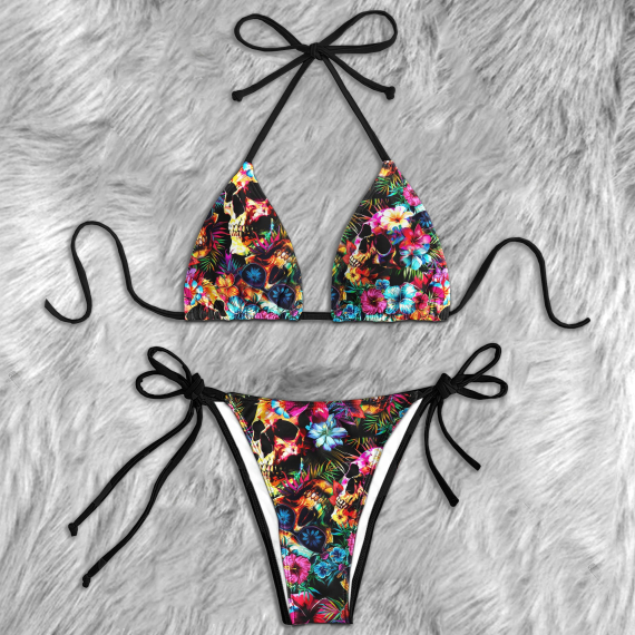 Colorful Skull Flower Micro Triangle Bikini Swimsuit HG