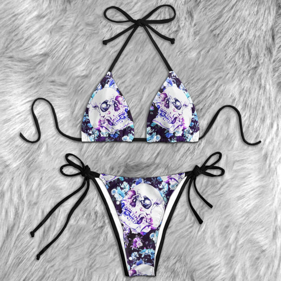 Purple Skull Floral Art Micro String Triangle Bikini Summer Vacation HG Swimsuit