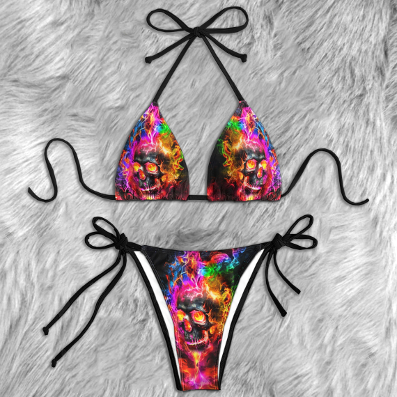 Colorful Fire Skull Micro String Triangle Bikini Summer Vacation HG Swimsuit