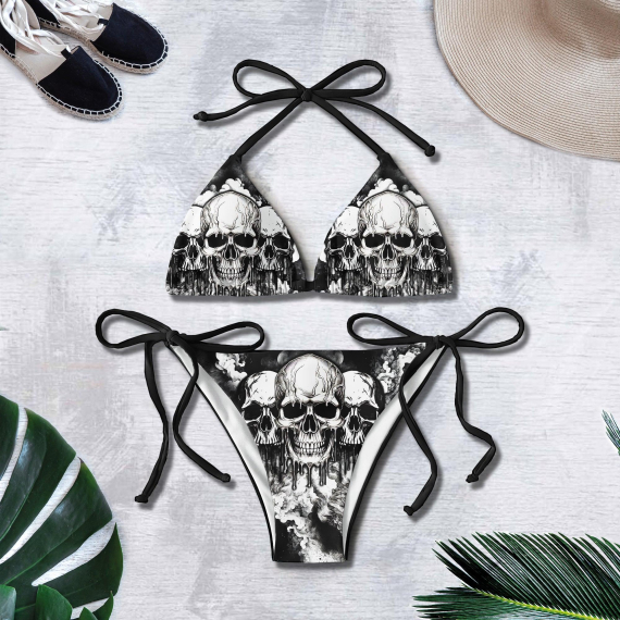 Vintage Grey Skull Micro String Triangle Bikini Summer Vacation HG Swimsuit