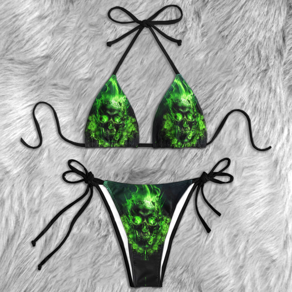 Flaming Green Skull Micro Triangle Bikini Swimsuit HG