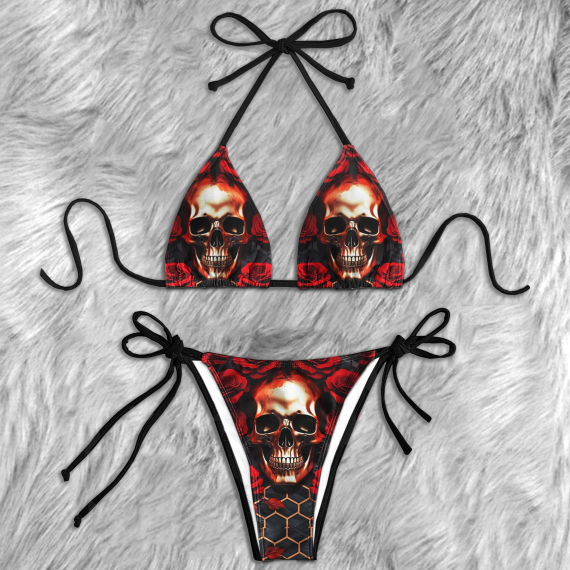 Red Abstract Skull Rose Micro String Triangle Bikini Summer Vacation HG Swimsuit