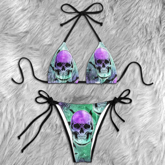 Purple Skull Glitter Micro Triangle Bikini Swimsuit HG