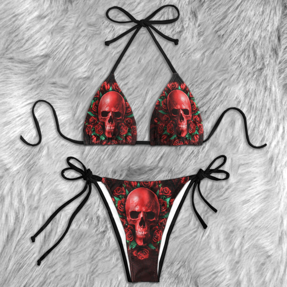 Red Skull Rose Micro String Triangle Bikini Summer Vacation HG Swimsuit
