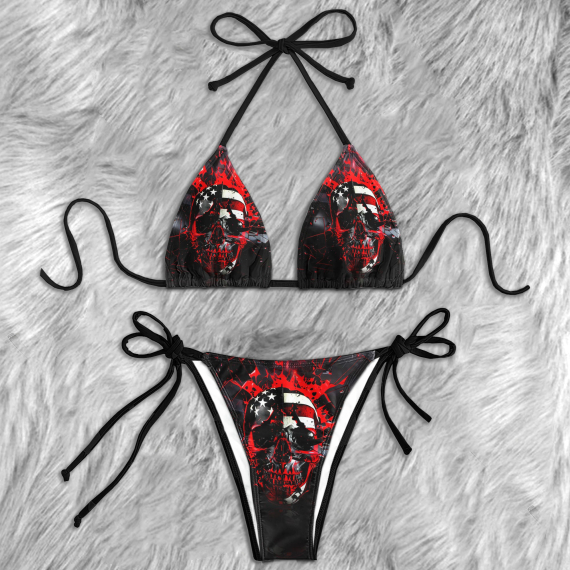Red Skull Flag Art Micro String Triangle Bikini Summer Vacation HG Swimsuit