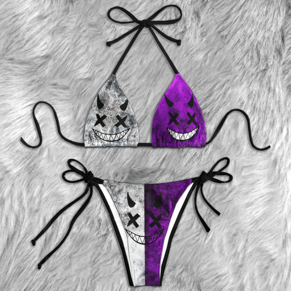 Purple Emoticon Smiley Micro Triangle Bikini Swimsuit HG