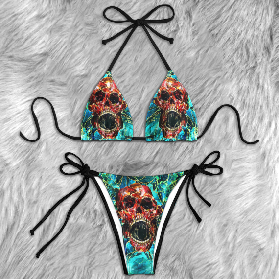Cyan Abstract Skull Art Micro Triangle Bikini Swimsuit HG
