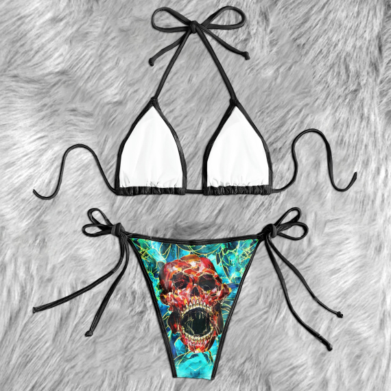 Cyan Abstract Skull Art Micro Triangle Bikini Swimsuit HG