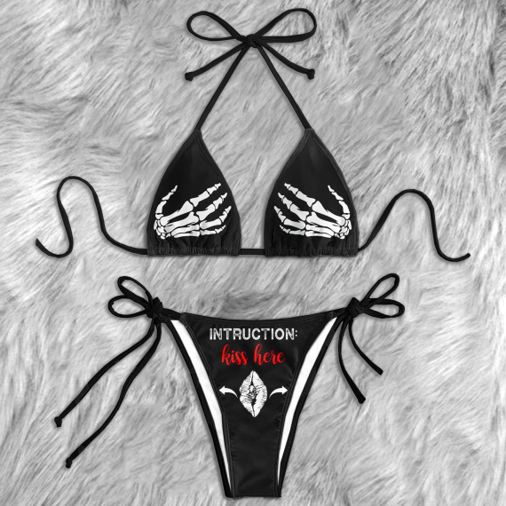 Kiss Here Skull Funny Micro String Triangle Bikini Summer Vacation HG Swimsuit