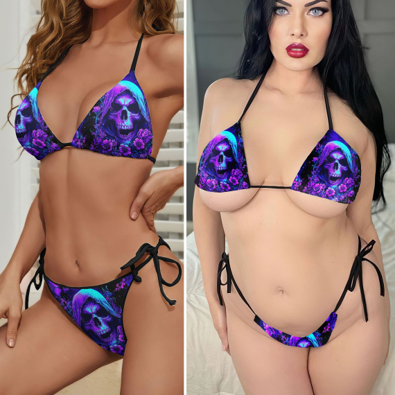 Purple Scary Skull Micro String Triangle Bikini Summer Vacation HG Swimsuit