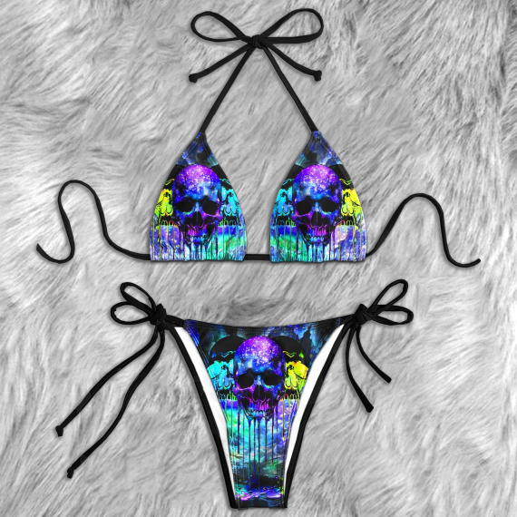 Colorful Skull Watercolor Micro Triangle Bikini Swimsuit HG