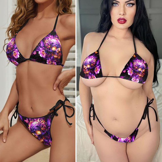 Purple Skull Fire Micro String Triangle Bikini Summer Vacation HG Swimsuit