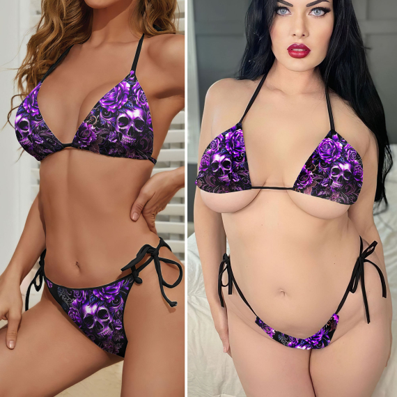 Purple Skull Rose Micro Triangle Bikini Swimsuit HG
