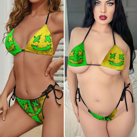 Green Yellow Crazy Face Micro Triangle Bikini Swimsuit HG