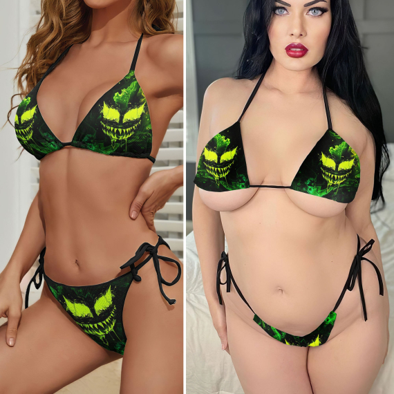 Green Scary Face Micro Triangle Bikini Swimsuit HG