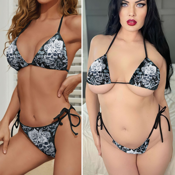 Skull Rose Floral Micro String Triangle Bikini Summer Vacation HG Swimsuit