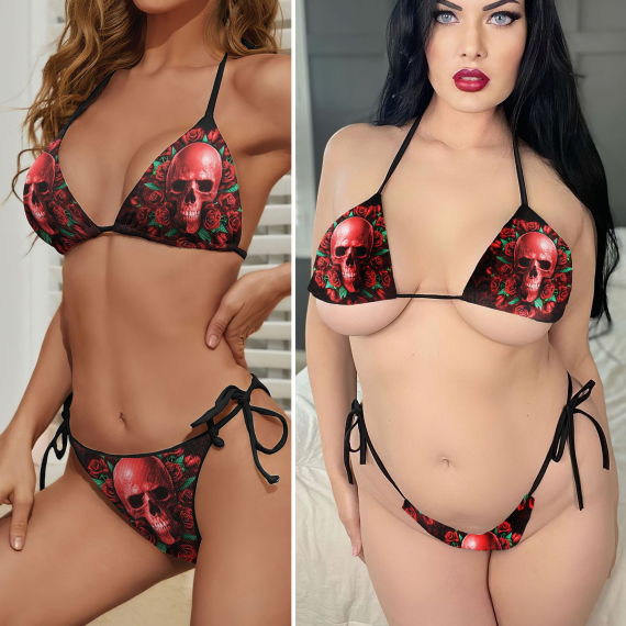 Red Skull Rose Micro String Triangle Bikini Summer Vacation HG Swimsuit