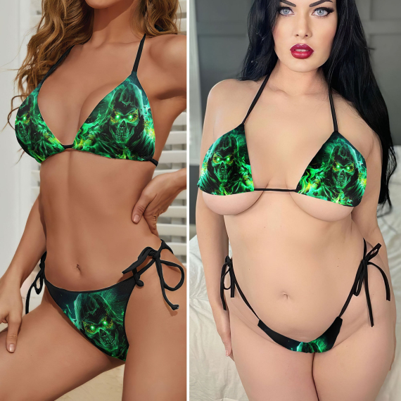 Green Fire Grim Reaper Micro Triangle Bikini Swimsuit HG