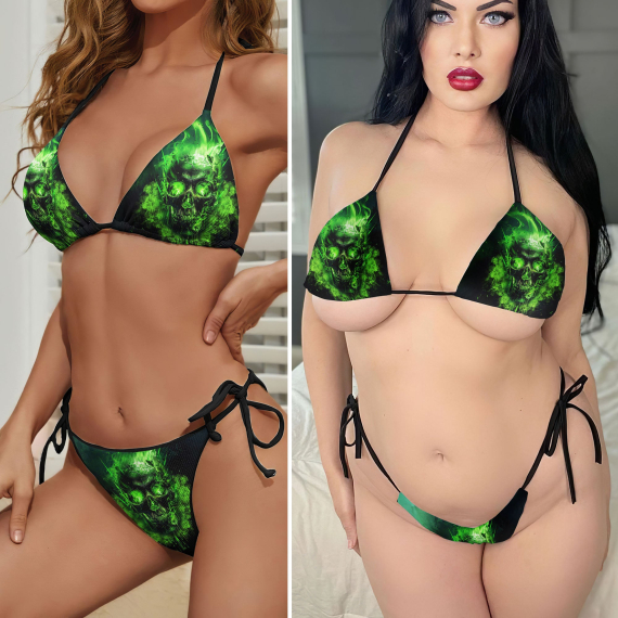 Flaming Green Skull Micro Triangle Bikini Swimsuit HG
