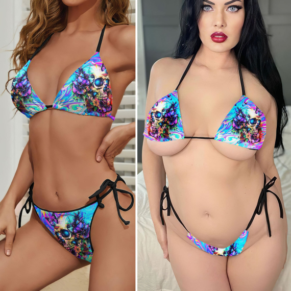 Holographic Skull Flower Micro Triangle Bikini Swimsuit HG