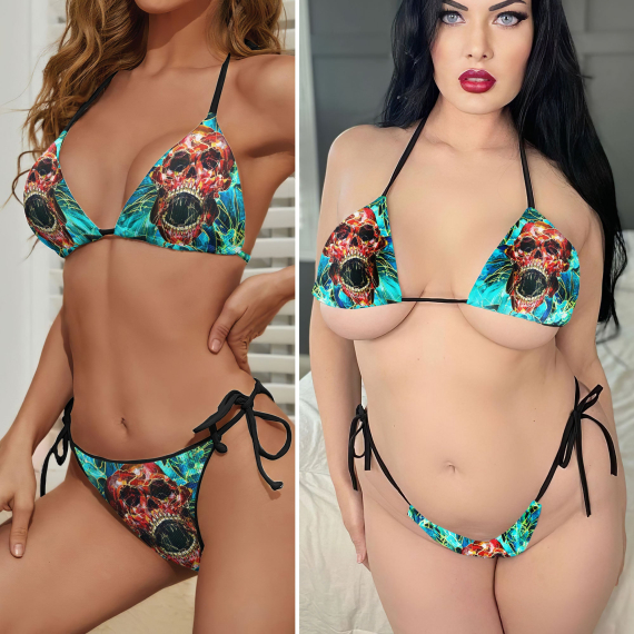 Cyan Abstract Skull Art Micro Triangle Bikini Swimsuit HG