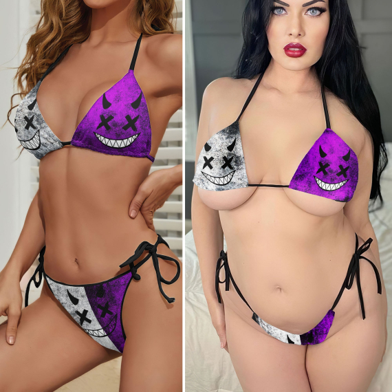 Purple Emoticon Smiley Micro Triangle Bikini Swimsuit HG