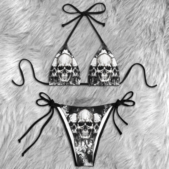 Vintage Grey Skull Micro String Triangle Bikini Summer Vacation HG Swimsuit