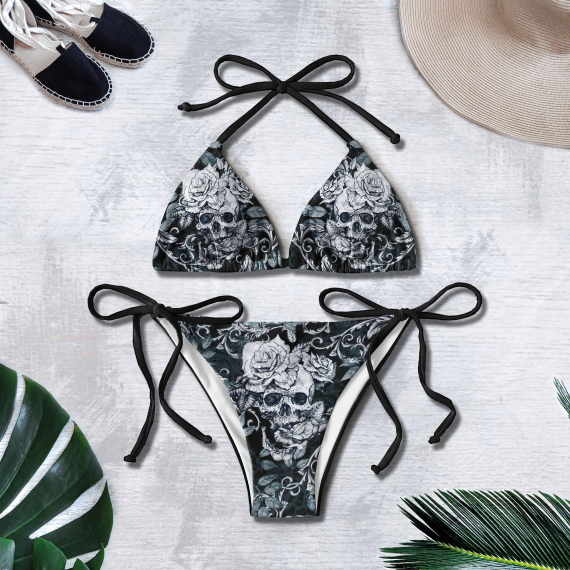 Skull Rose Floral Micro String Triangle Bikini Summer Vacation HG Swimsuit