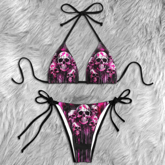 Pink Skull Melting Micro Triangle Bikini Swimsuit HG