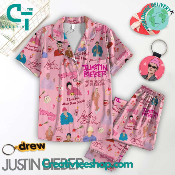 Justin Bieber I Love You Pink Button Down Long Sleeve Or Short Sleeve Pyjama Pajamas Set Set with Pants HG