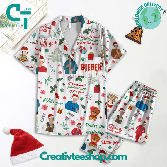 Justin Bieber Under The Mistletoe Button Down Long Sleeve Or Short Sleeve Pyjama Pajamas Set Set with Pants HG