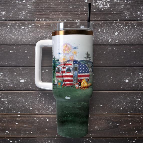 USA Trailer Watercolor Custom  Quencher 30oz or 40oz Stainless Steel Tumbler With Handle, Best gist for Friend Family NVA