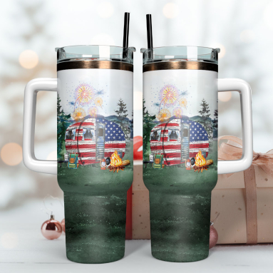 USA Trailer Watercolor Custom  Quencher 30oz or 40oz Stainless Steel Tumbler With Handle, Best gist for Friend Family NVA