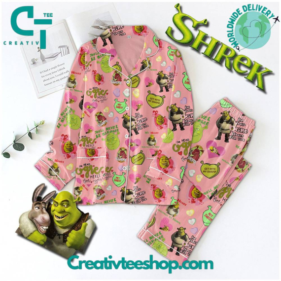 Shrek Pink Button Down Long Sleeve Or Short Sleeve Pyjama Pajamas Set Set with Pants HG