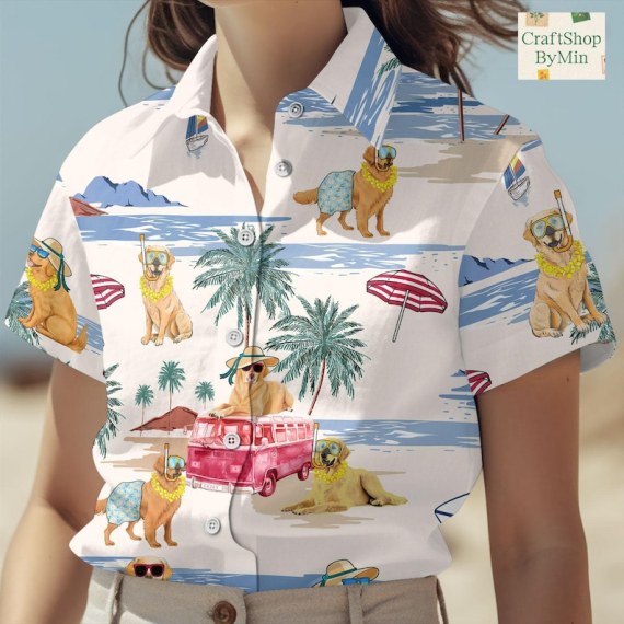 Golden Retriever Hawaiian Shirt, Dogs Button Up Shirt, Summer Shirt for Men, Beach Gift for Dog Lovers