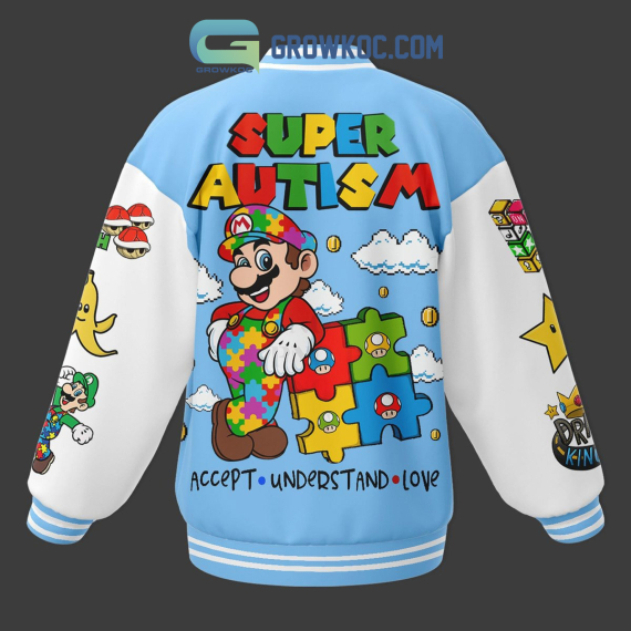 Super Mario Super Autism Accept Understand Love Fan Baseball Jacket NVA Varsity Jacket Unisex Jacket