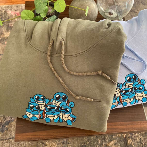Squad of Squirtle 90s Edition Embroidered Sweater, Personal Anime Gift Hoodie, 90s Monster Stitched T-shirt, Pop Culture Aesthetic Crewneck HG