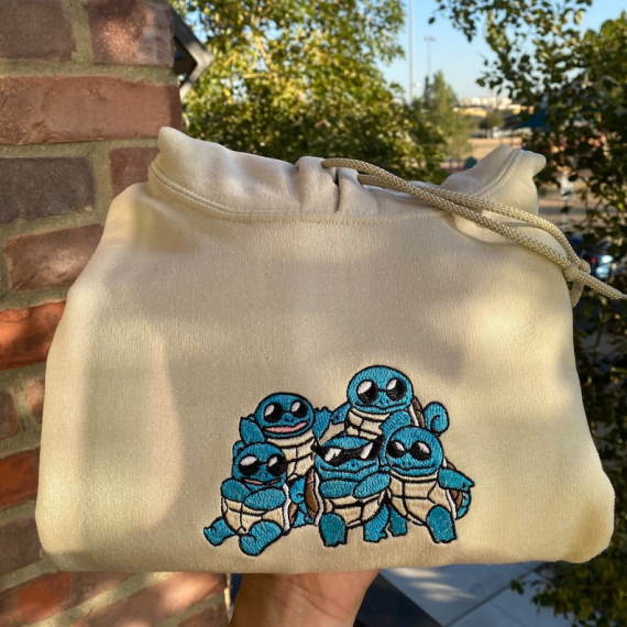 Squad of Squirtle 90s Edition Embroidered Sweater, Personal Anime Gift Hoodie, 90s Monster Stitched T-shirt, Pop Culture Aesthetic Crewneck HG