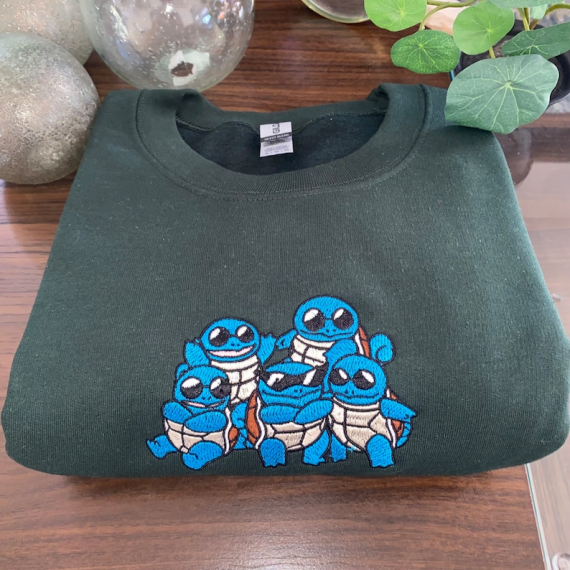 Squad of Squirtle 90s Edition Embroidered Sweater, Personal Anime Gift Hoodie, 90s Monster Stitched T-shirt, Pop Culture Aesthetic Crewneck HG