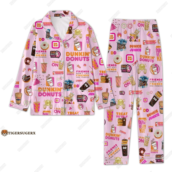 Dunkin' Donuts Pajama Set Dunkin Donuts Pajamas Pants Coffee Lover Pajamas Funny Donuts Shirt Pajamas For Party Holiday Pajamas HG